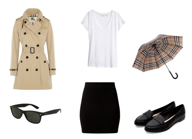(Trench coat de Burberry, camiseta y falda de H&M, lentes de Ray Ban, zapatos de New Look y paraguas de Burberry)