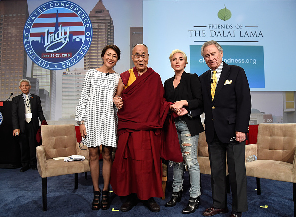INDIANAPOLIS, IN - JUNE 26: Lady Gaga joins his Holiness the Dalai Lama to speak to US Mayors about kindness at JW Marriott on June 26, 2016 in Indianapolis, Indiana. (Photo by Kevin Mazur/Getty Images for Born This Way Foundation)