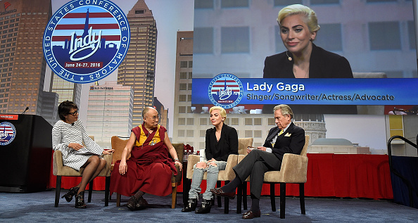 INDIANAPOLIS, IN - JUNE 26: Lady Gaga joins his Holiness the Dalai Lama to speak to US Mayors about kindness at JW Marriott on June 26, 2016 in Indianapolis, Indiana. (Photo by Kevin Mazur/Getty Images for Born This Way Foundation)