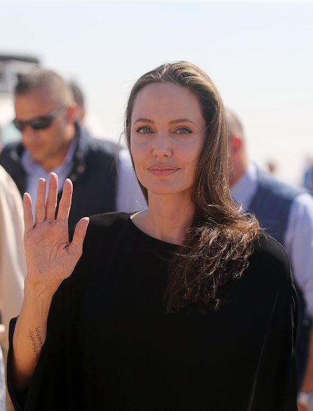 AZRAQ, JORDAN - SEPTEMBER 09: US actress and UNHCR special envoy and Goodwill Ambassador Angelina Jolie holds a press conference at Al- Azraq camp for Syrian refugees on September 9, 2016, in Azraq, Jordan. Jolie arrived at the camp and visited syrian families before speaking to the media. (Photo by Jordan Pix/Getty Images)